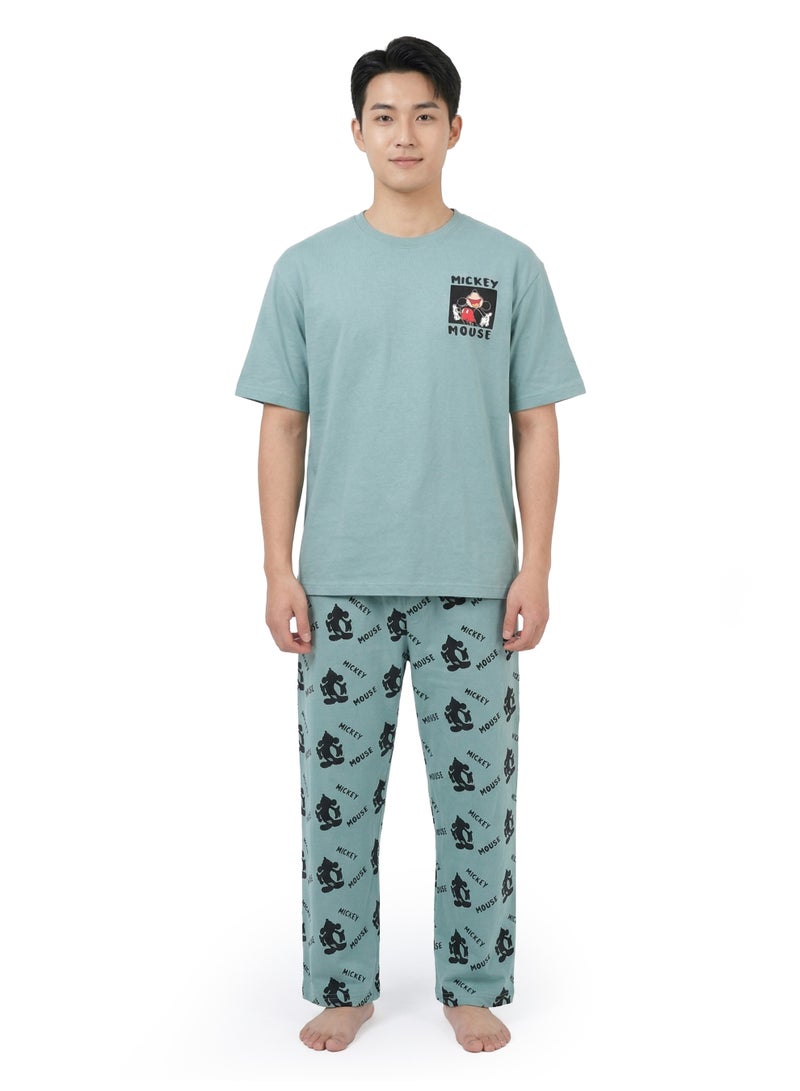 Disney Men’s Mickey Mouse Printed Cotton Pyjama Set – Teal - Image 1
