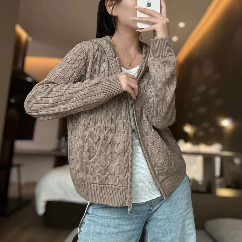 Dm5503 كوري سادة اللون سترة كاردجان مزودة بغطاء رأس عصرية تناسب جميع الأذواق بسحاب محبوك جاكيت للنساء - Image 2