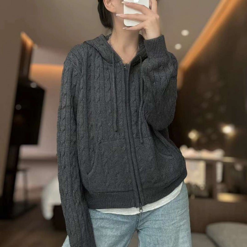 Dm5503 كوري سادة اللون سترة كاردجان مزودة بغطاء رأس عصرية تناسب جميع الأذواق بسحاب محبوك جاكيت للنساء - Image 5