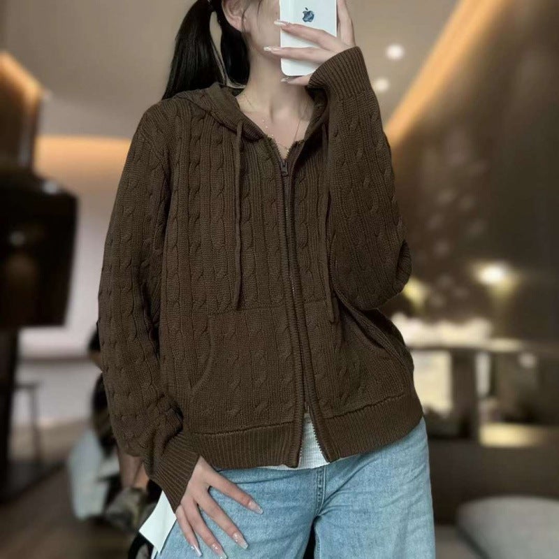 Dm5503 كوري سادة اللون سترة كاردجان مزودة بغطاء رأس عصرية تناسب جميع الأذواق بسحاب محبوك جاكيت للنساء - Image 4