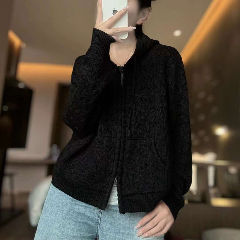 Dm5503 كوري سادة اللون سترة كاردجان مزودة بغطاء رأس عصرية تناسب جميع الأذواق بسحاب محبوك جاكيت للنساء - Image 1