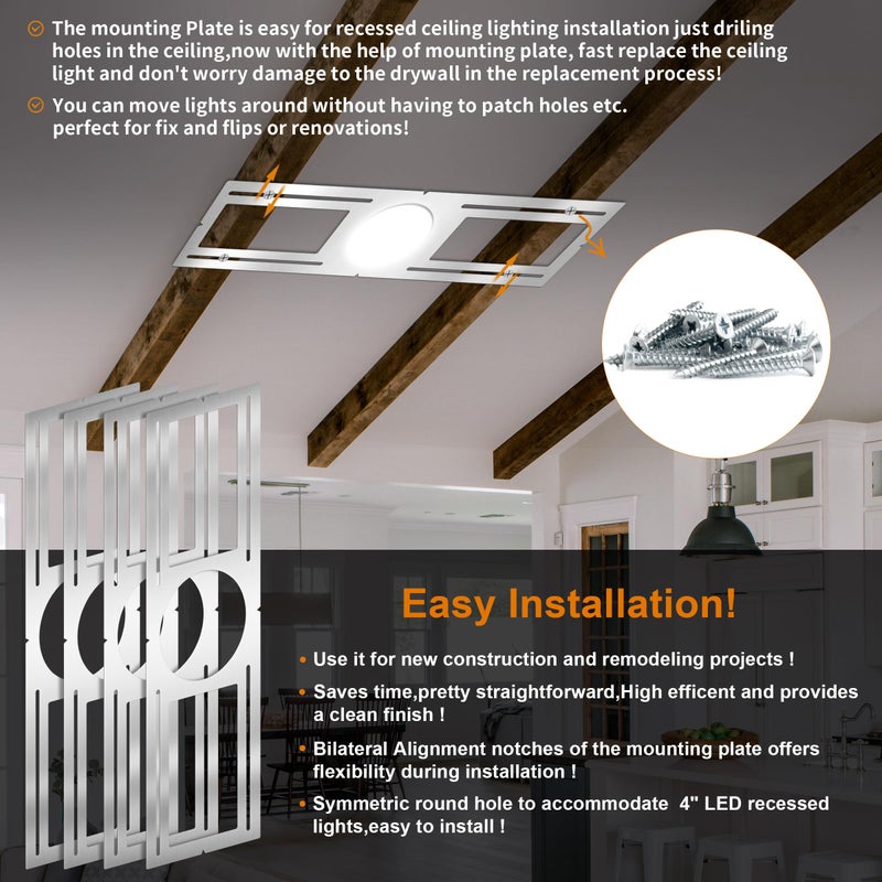 MULMART New Construction Mounting Plate, 4 Inch, LED Recessed Lighting Housing Kits, Flat Steel Rough in Bracket Fixture for LED Light Bar, 12PC Shallow Recessed Lighting Housing Plate - Image 5