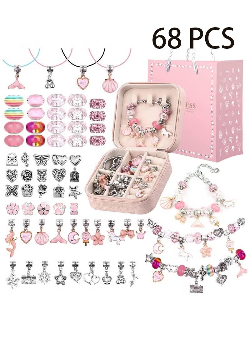 Unewshi Bracelet Making Kit for Girls, 68PCs DIY Jewelry Craft Set with Charm Beads and Gift Box, Creative Art Present for Kids Ages 8-12, Adults (Pink)  - Image 1