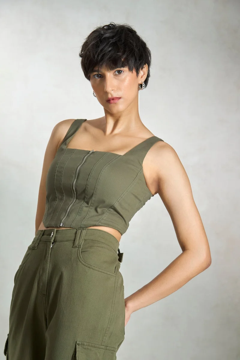 Virgio Olive Cotton Stretch Vacation Plush Seamed Corsets for Women for Women | Best Price UAE