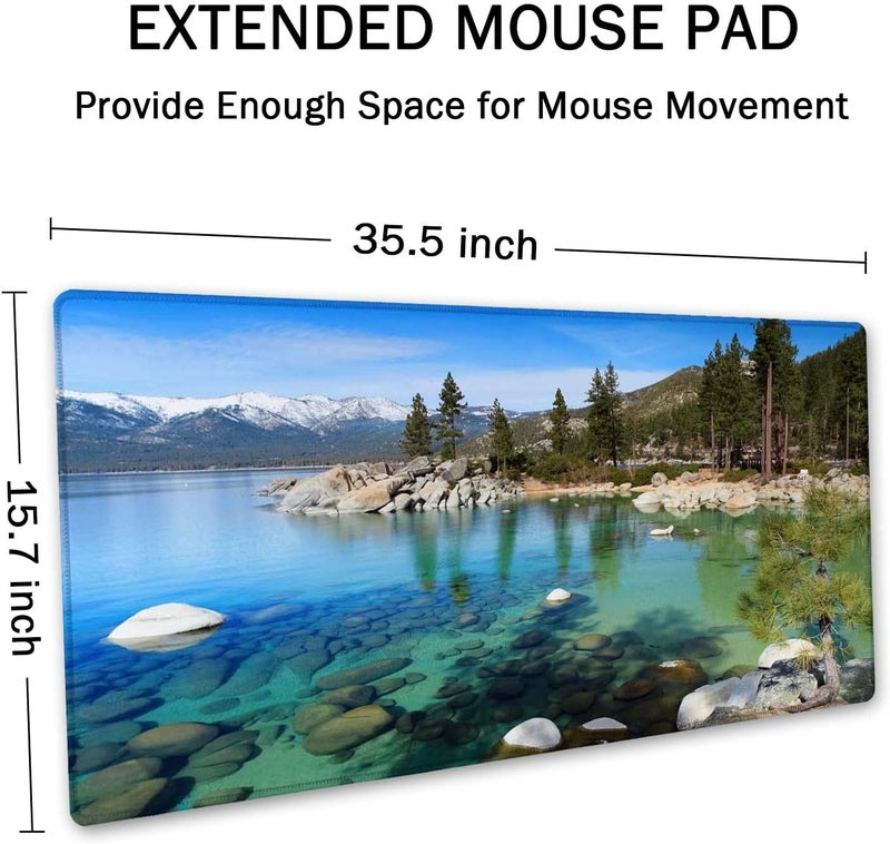 SSOIU Extended Mouse Pad, XXL Gaming Mouse Pads, Large Big Mousepad Laptop Computer Keyboard Mat Desk Pad with Non-Slip Base Stitched Edge for Gaming Office, 35.5 x 15.7 inch, Lake Tahoe - Image 2