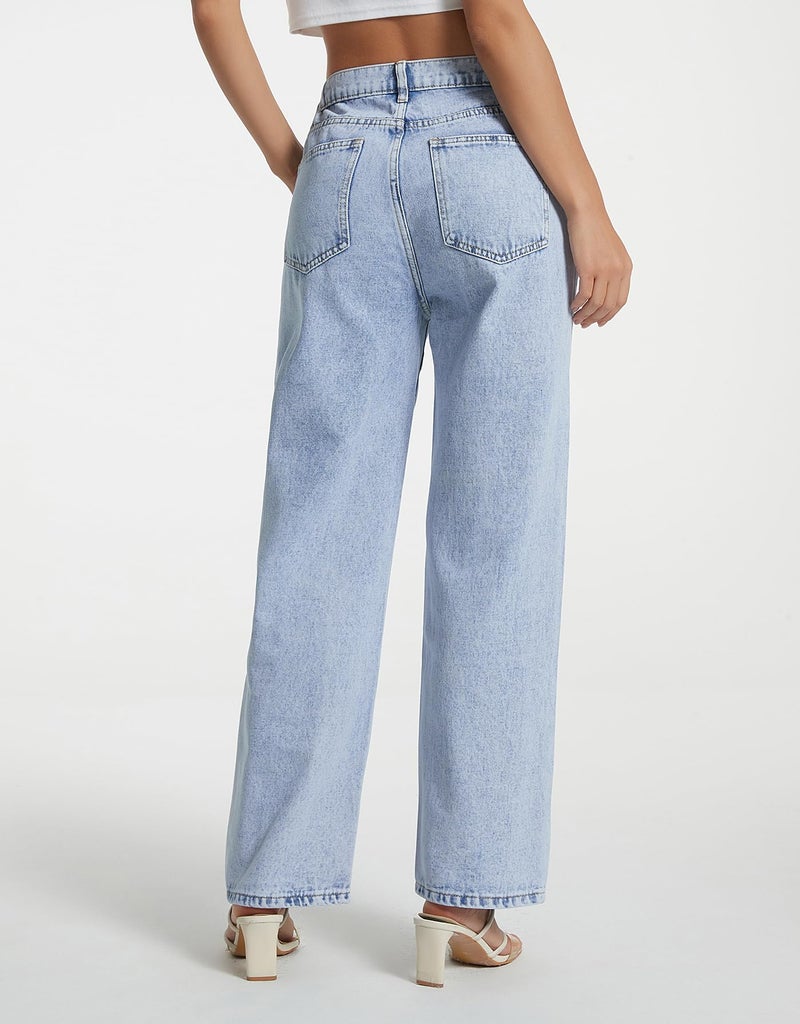 Kedera Women's Rhinestone Pearl Cut Out Jeans High Rise Straight Leg Pants with Elastic Waist Panels A-Blue - Image 2