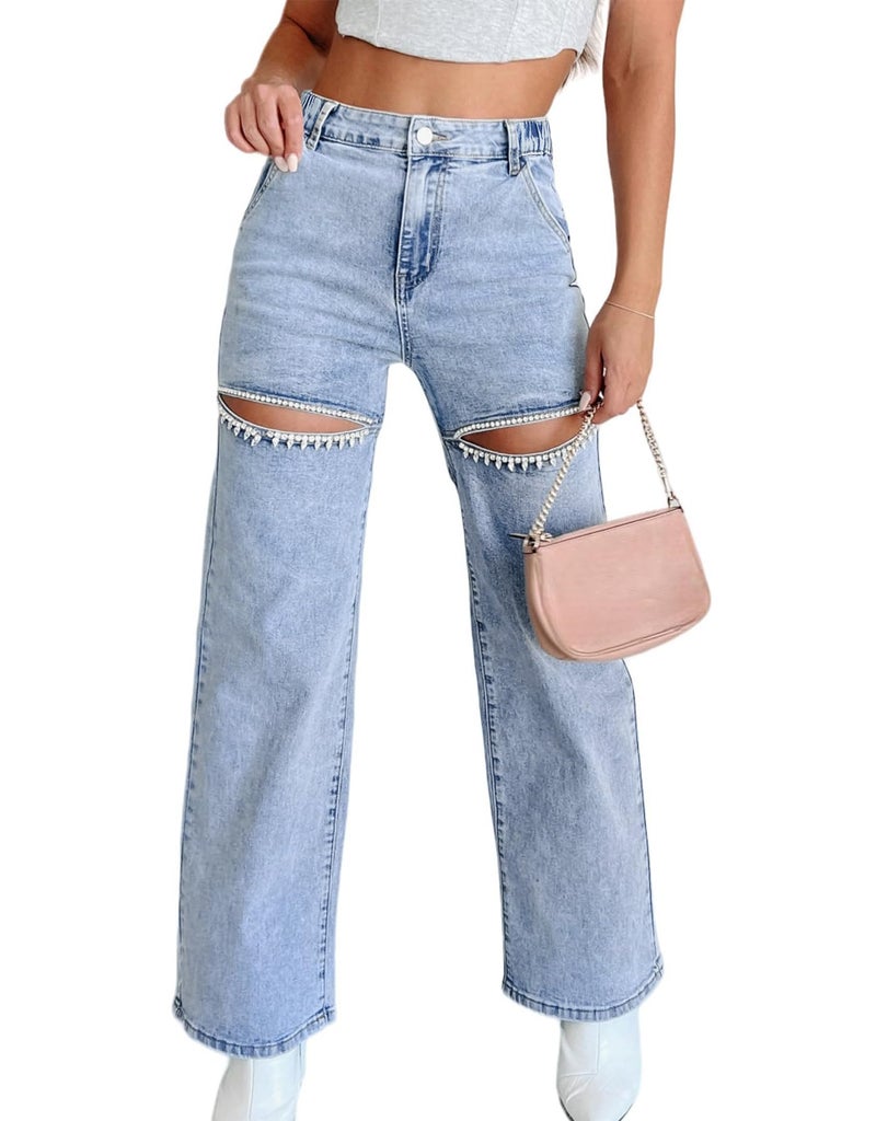 Kedera Women's Rhinestone Pearl Cut Out Jeans High Rise Straight Leg Pants with Elastic Waist Panels A-Blue - Image 1