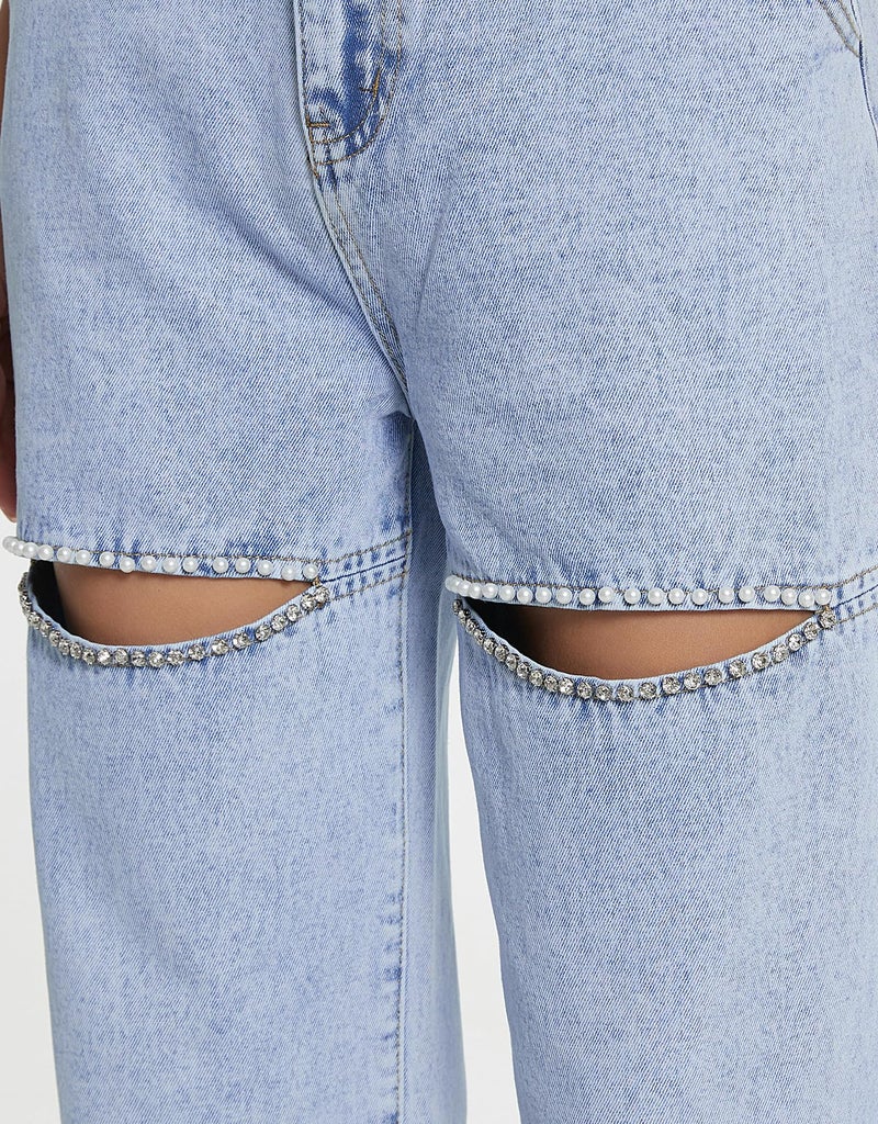 Kedera Women's Rhinestone Pearl Cut Out Jeans High Rise Straight Leg Pants with Elastic Waist Panels A-Blue - Image 5