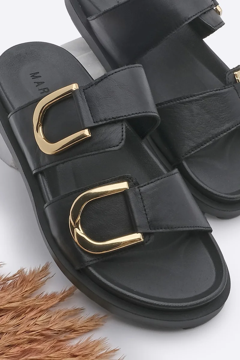 مارجين Margin Women's Leather Gold Buckle Detailed Thick Sole Slippers Merpe