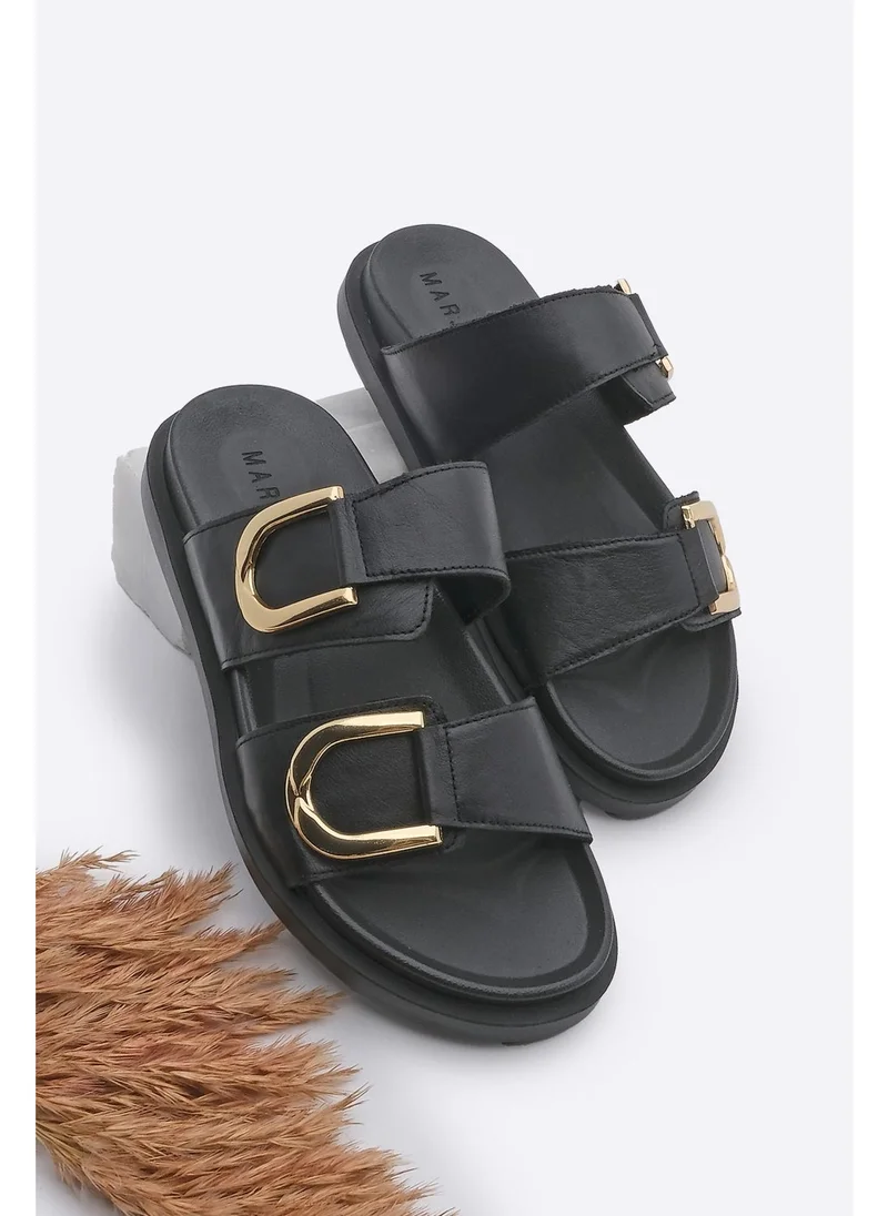 مارجين Margin Women's Leather Gold Buckle Detailed Thick Sole Slippers Merpe