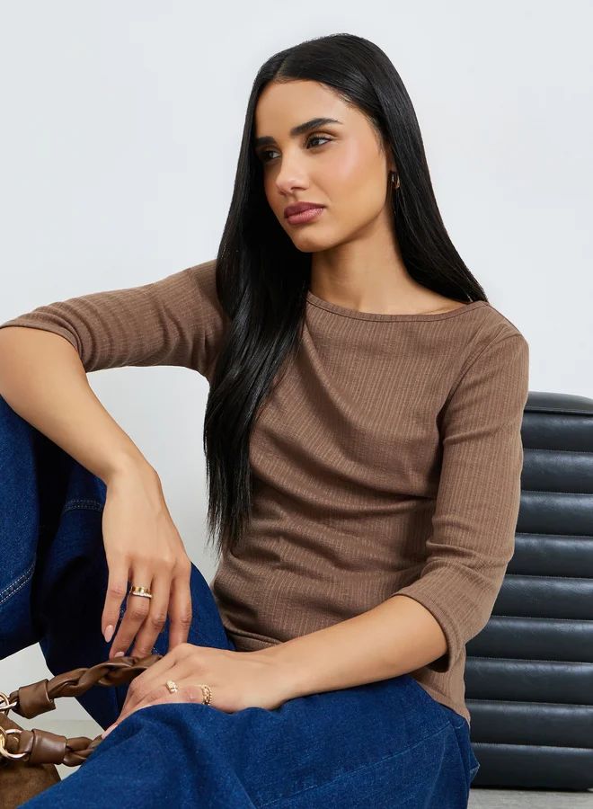 Styli Brown Boat Neck Textured Knit Top