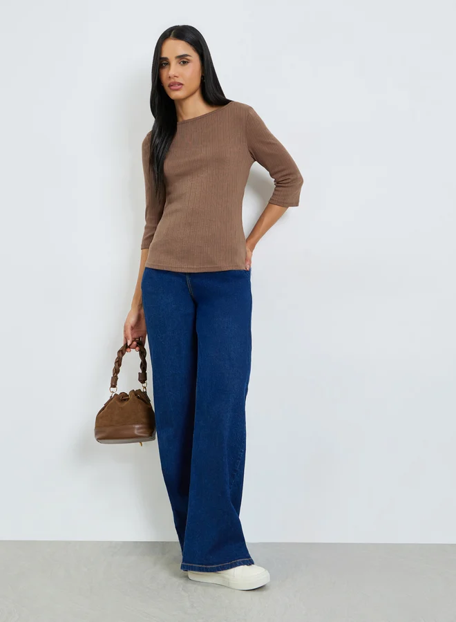 Styli Brown Boat Neck Textured Knit Top
