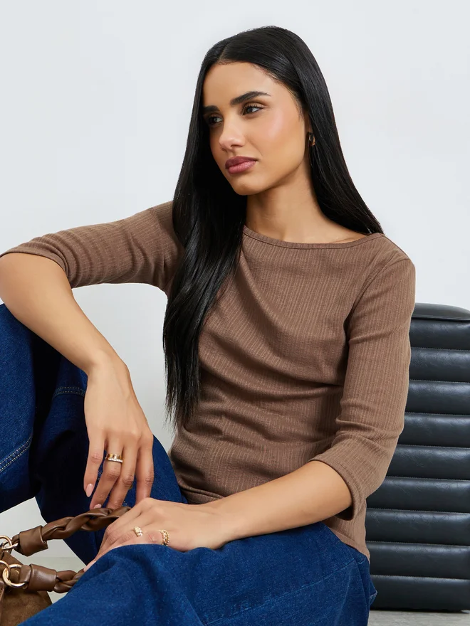 Styli Styli Brown Boat Neck Textured Knit Top