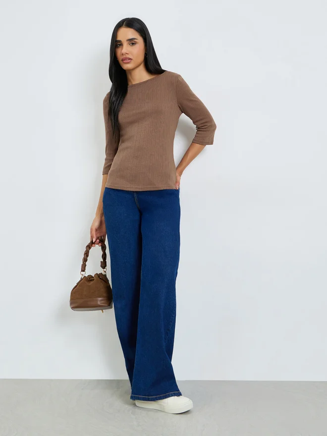 Styli Styli Brown Boat Neck Textured Knit Top