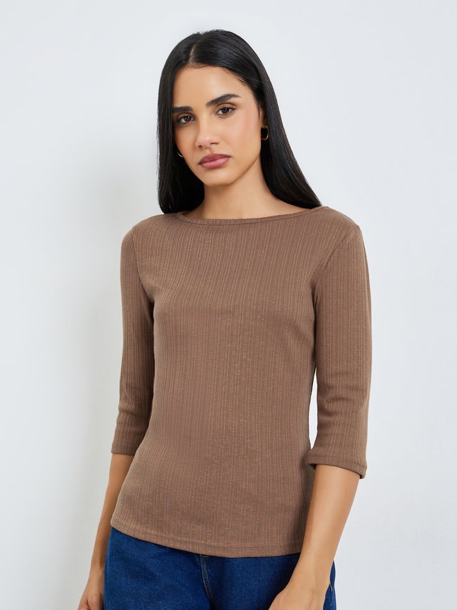 Styli Brown Boat Neck Textured Knit Top - Image 3
