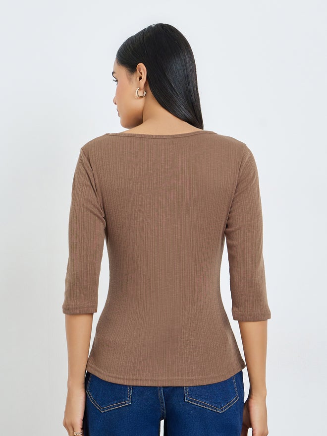 Styli Brown Boat Neck Textured Knit Top - Image 5
