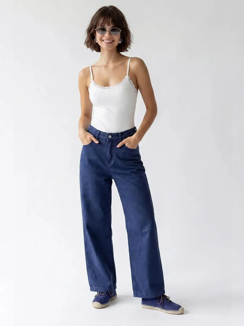 ميكسراي MIXRAY High-Waist Wide-Leg Cotton Jeans