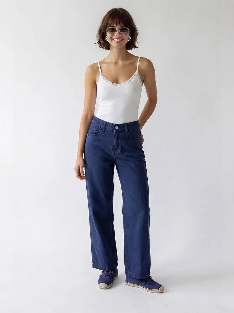 Mixray Dark Blue Denim MIXRAY High-Waist Wide-Leg Cotton Jeans for Women | Best Price UAE