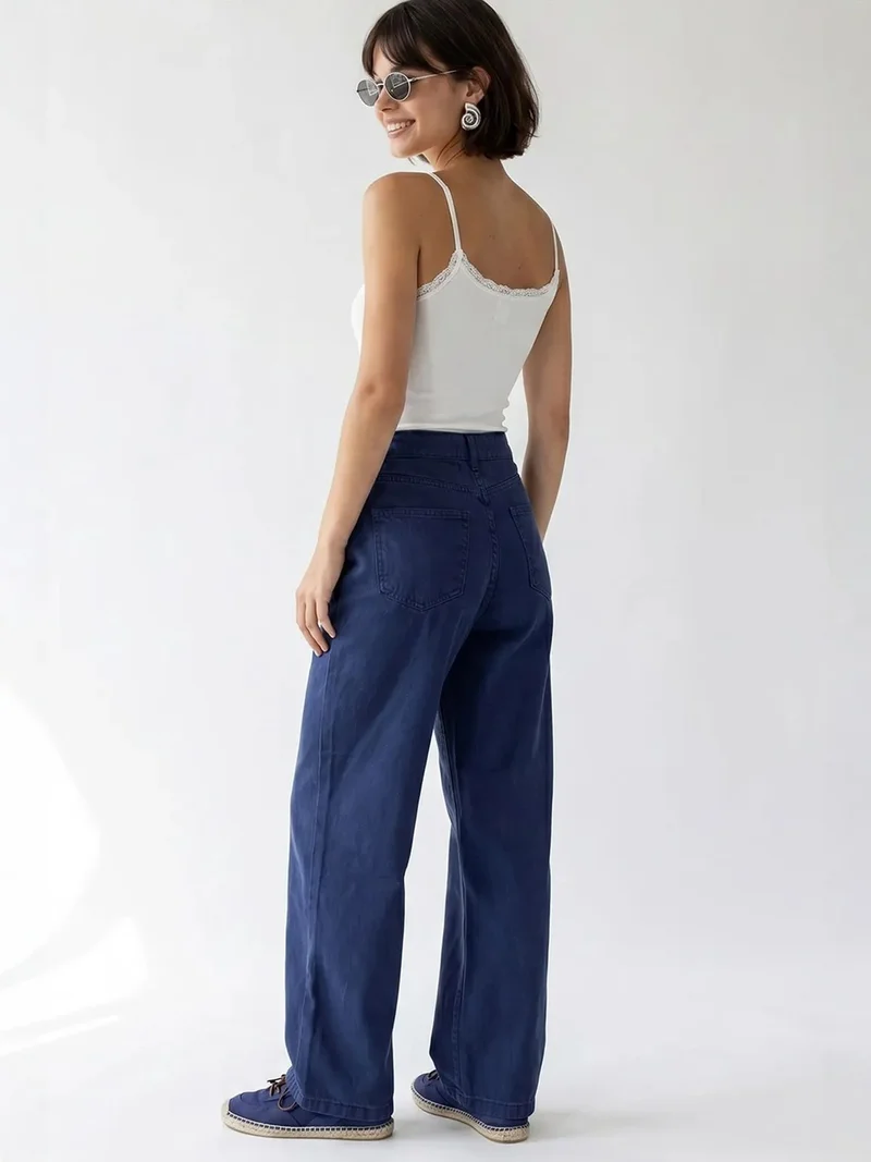 Mixray Dark Blue Denim MIXRAY High-Waist Wide-Leg Cotton Jeans for Women | Best Price UAE