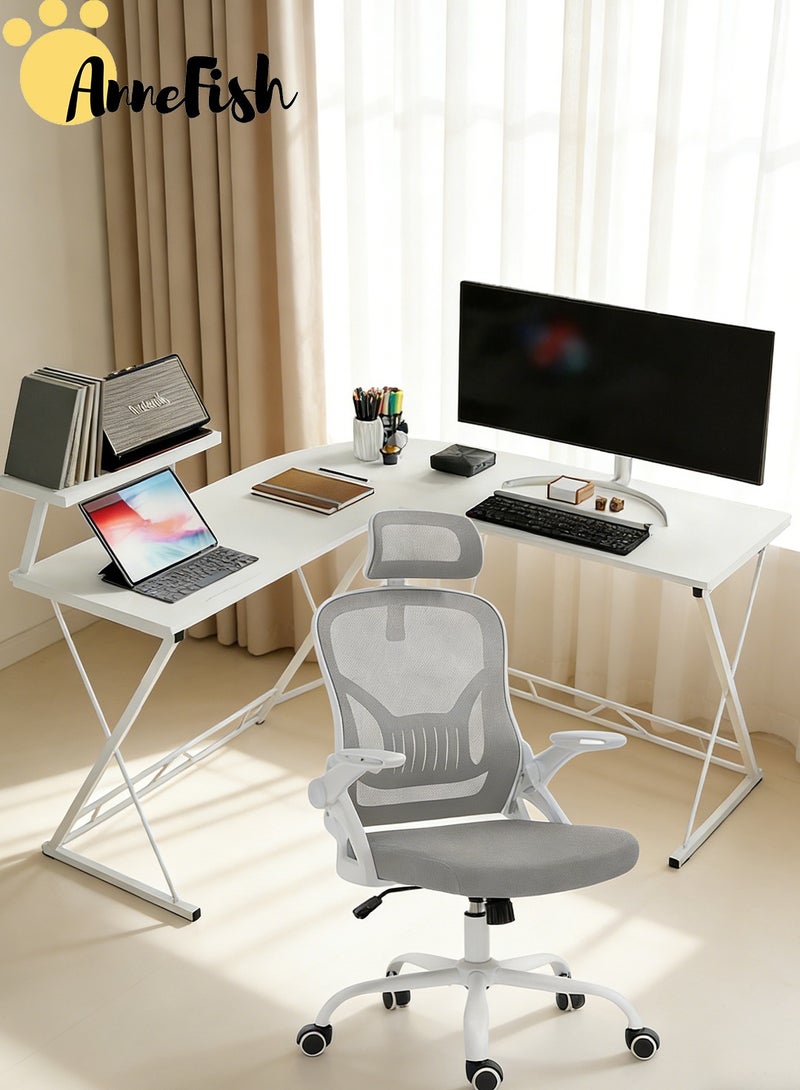 آن فش طقم مكتب وكرسي: كرسي مكتب شبكي مريح، مكتب ألعاب على شكل حرف L بطول 120 سم، كرسي مكتب مزود بدعم قطني قابل للتعديل، مكتب كمبيوتر متعدد الوظائف مع رف تخزين وأدراج. - Image 1