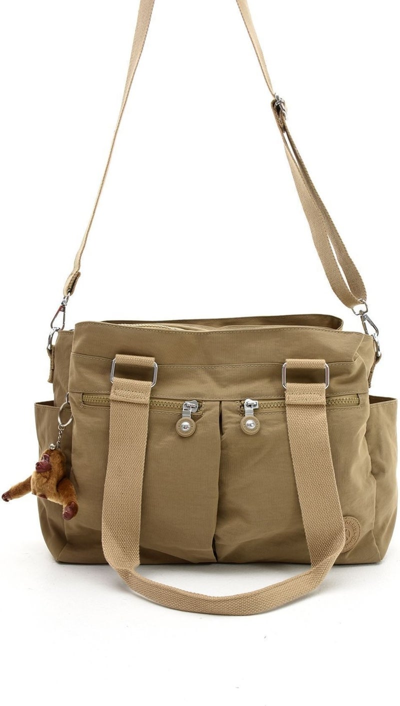 Sanmorris Women's Large Beige Colored Compartment Water Resistant Crinkle Fabric Crossbody and Shoulder Bag  - Image 1