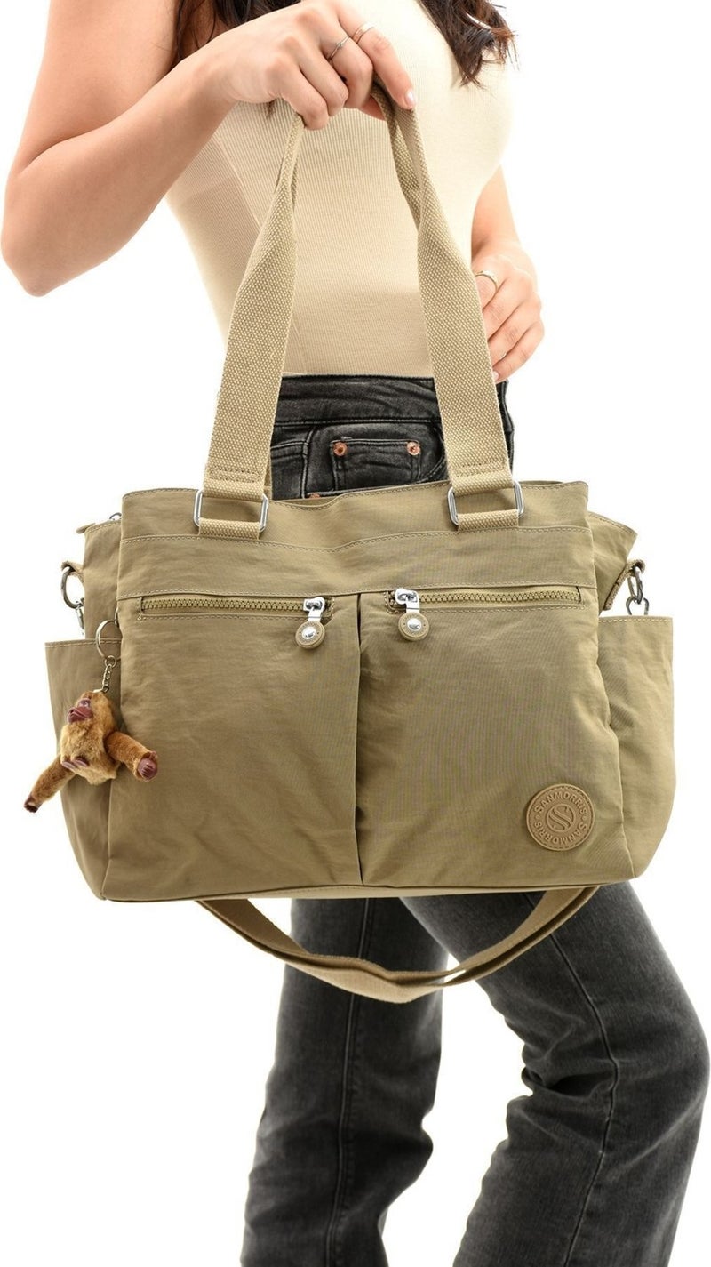 Sanmorris Women's Large Beige Colored Compartment Water Resistant Crinkle Fabric Crossbody and Shoulder Bag  - Image 4