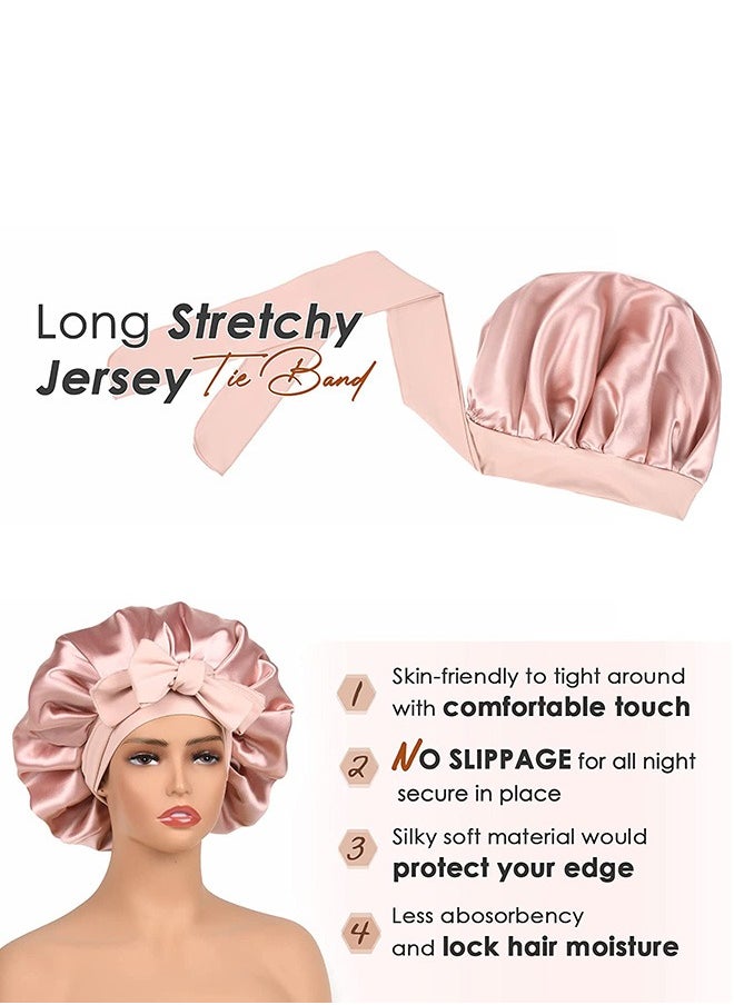 Generic Double Layer Satin Bonnet Silk Bonnet, Curly Hair Hair Silk Hair Wrap for Sleeping Night Sleep Cap, Satin Silk Bonnet Lined Hair Bonne Tie Band Bonnets (Pale Pink)  - Image 3