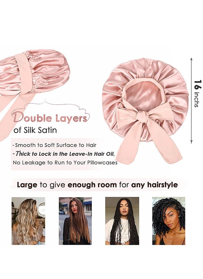 Generic Double Layer Satin Bonnet Silk Bonnet, Curly Hair Hair Silk Hair Wrap for Sleeping Night Sleep Cap, Satin Silk Bonnet Lined Hair Bonne Tie Band Bonnets (Pale Pink)  - Image 2