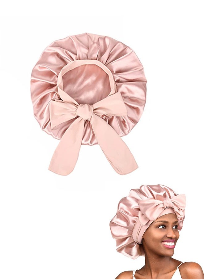 Generic Double Layer Satin Bonnet Silk Bonnet, Curly Hair Hair Silk Hair Wrap for Sleeping Night Sleep Cap, Satin Silk Bonnet Lined Hair Bonne Tie Band Bonnets (Pale Pink)  - Image 1