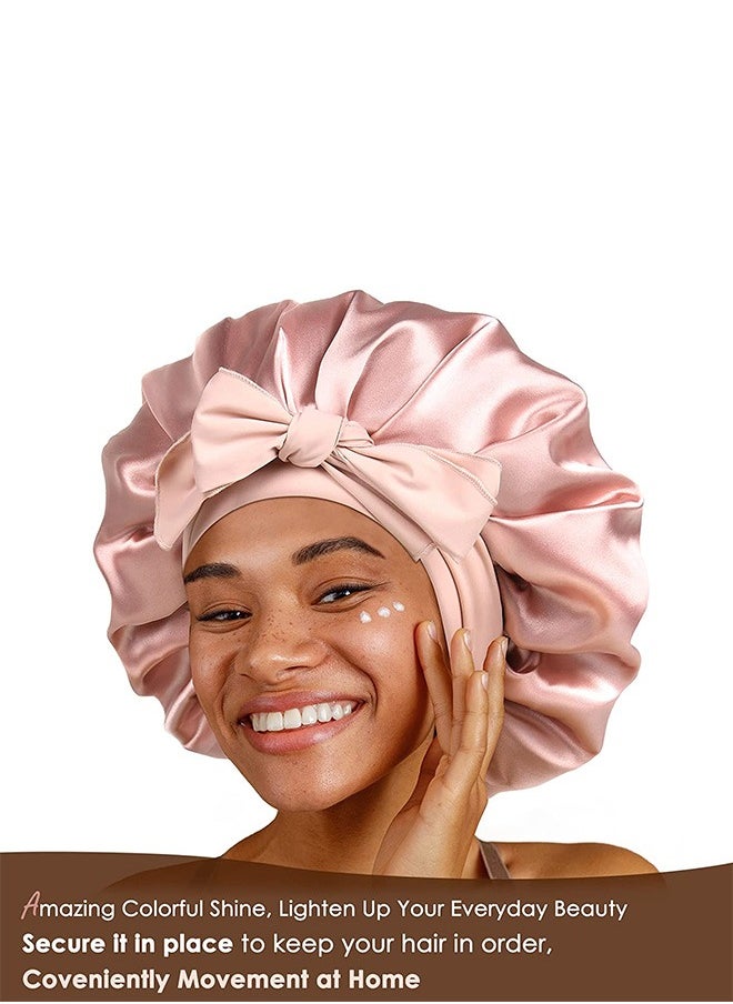 Generic Double Layer Satin Bonnet Silk Bonnet, Curly Hair Hair Silk Hair Wrap for Sleeping Night Sleep Cap, Satin Silk Bonnet Lined Hair Bonne Tie Band Bonnets (Pale Pink)  - Image 4