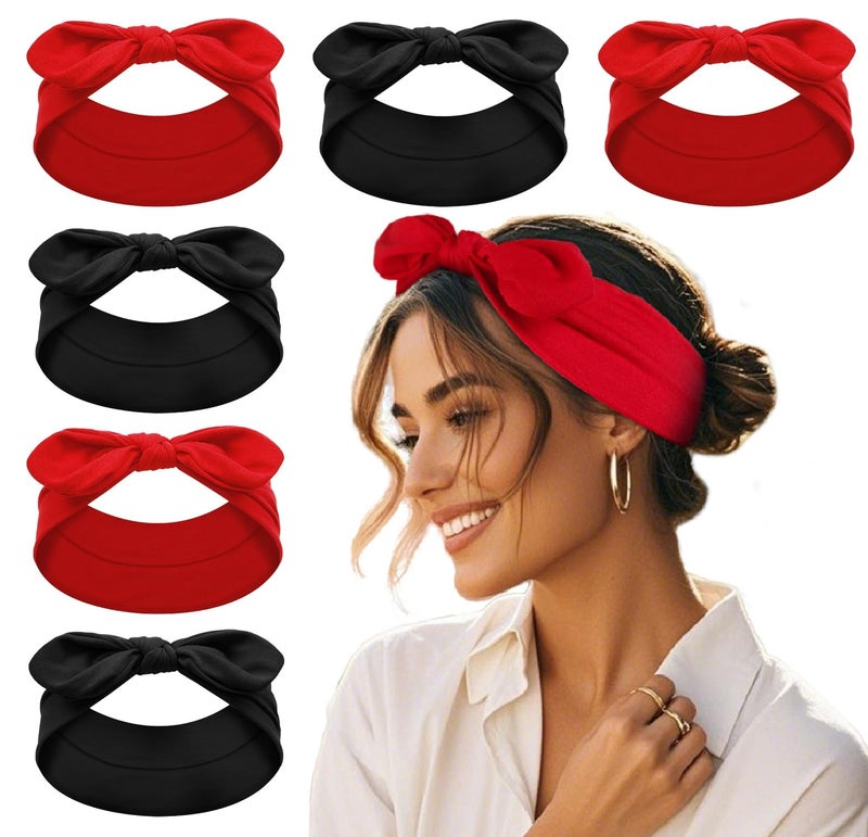 Tobeffect Red Bow Headbands for Women, Elastic Bow Head Bands for Women's Hair Non Slip - Wide Headwraps with Bows Vintage, Cute Hairbands Hair Accessories 6 Pack - Image 1