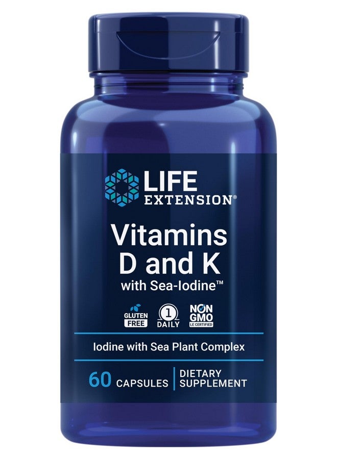 لايف إكستنشن فيتامينات د و ك من لايف إكستنشن مع اليود البحري، فيتامين د3، فيتامين ك1 و ك2، اليود، يدعم صحة المناعة والعظام والشرايين والغدة الدرقية، خالي من الكائنات المعدلة وراثيًا، خالي من الغلوتين، 60 كبسولة - Image 1