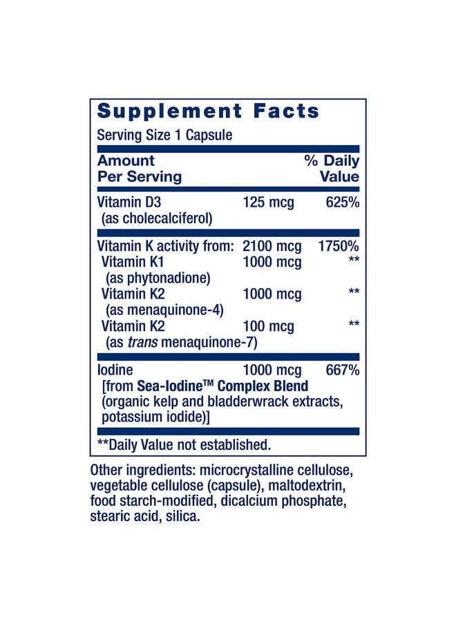 لايف إكستنشن فيتامينات د و ك من لايف إكستنشن مع اليود البحري، فيتامين د3، فيتامين ك1 و ك2، اليود، يدعم صحة المناعة والعظام والشرايين والغدة الدرقية، خالي من الكائنات المعدلة وراثيًا، خالي من الغلوتين، 60 كبسولة - Image 2