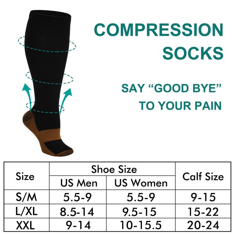 Double Couple 7 Pairs Copper Compression Socks for Men Women 20-30 mmHg Knee High Stockings - Image 2