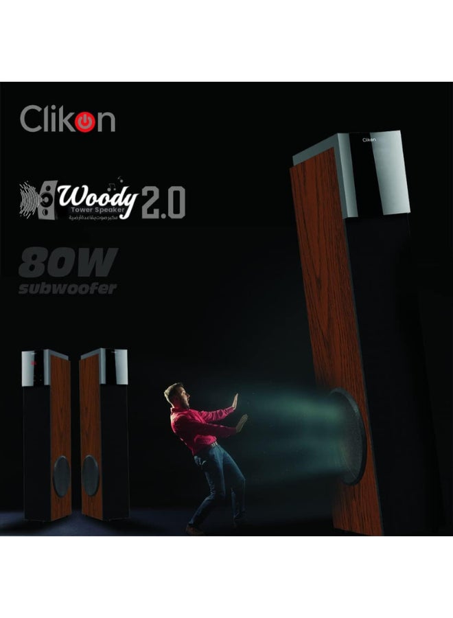 Clikon Woody Tower Speakers with 2.0 Bluetooth Connectivity, Built-in FM-Radio, USB/SD Disk, Remote Control Functions, Wireless Microphone, 2 Years Warranty, Black and Brown – CK866 - Image 2