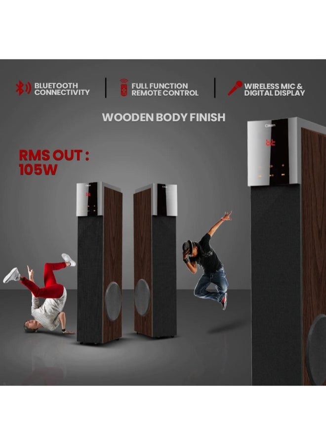 Clikon Woody Tower Speakers with 2.0 Bluetooth Connectivity, Built-in FM-Radio, USB/SD Disk, Remote Control Functions, Wireless Microphone, 2 Years Warranty, Black and Brown – CK866 - Image 3