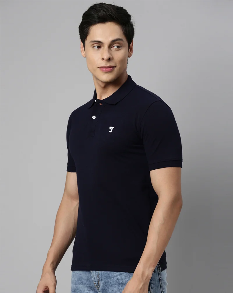 Joven Men Navy Solid Polo Collar Pure Cotton T-Shirt