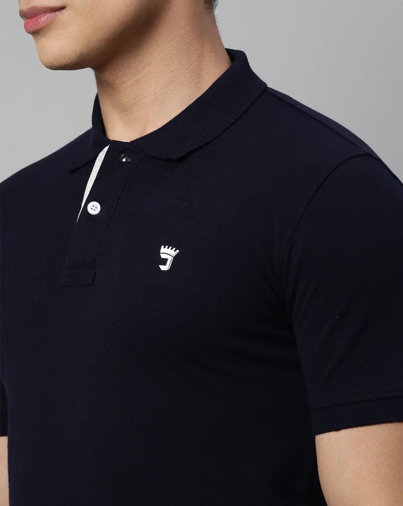 Joven Men Navy Solid Polo Collar Pure Cotton T-Shirt