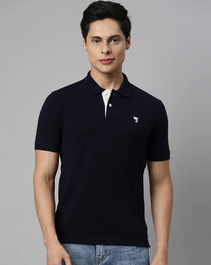 Joven Men Navy Solid Polo Collar Pure Cotton T-Shirt