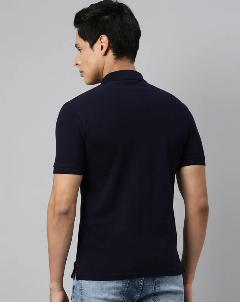 Joven Men Navy Solid Polo Collar Pure Cotton T-Shirt