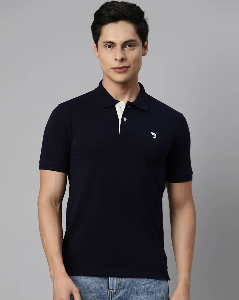 Joven Men Navy Solid Polo Collar Pure Cotton T-Shirt