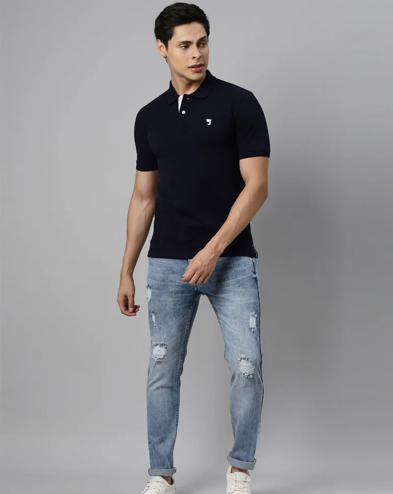 Joven Navy Men Navy Solid Polo Collar Pure Cotton T-Shirt for Men | Best Price UAE