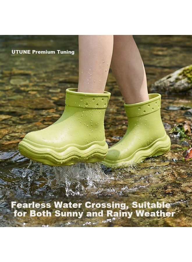 utune Youdiao Rain Boots Non-slip Waterproof Fashion New Thick Sole Height Increasing Outdoor Short Boots Women Mustard Green Size 39-40 - Image 1