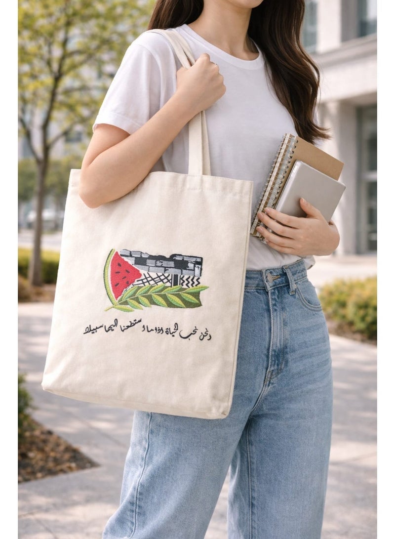 3DM Embroidered Fabric Tote Bag – Watermelon & Olive Design - Image 1