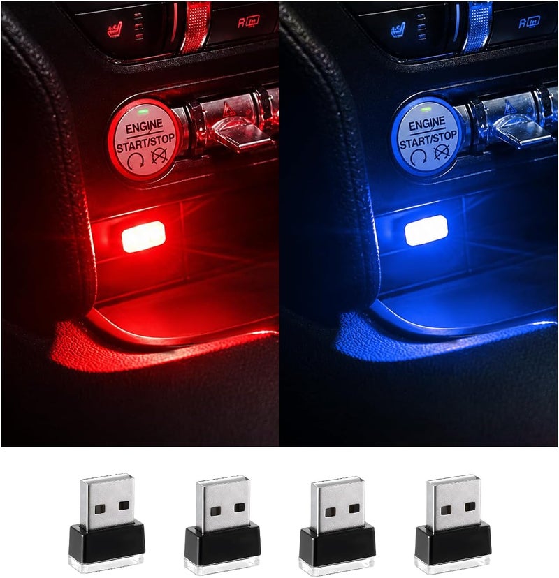 Augeny 4 PCS USB LED Car Interior Atmosphere Lamp, Plug-in USB Decor Night Light, Portable Auto Ambient Lighting Kit, Universal Vehicle Interior Accessories for Most Cars (Red & Blue) - Image 1