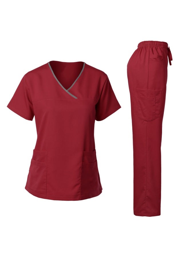 Loquat Womens Medical Scrubs Set Medical Uniform Set Wine Red - Image 1