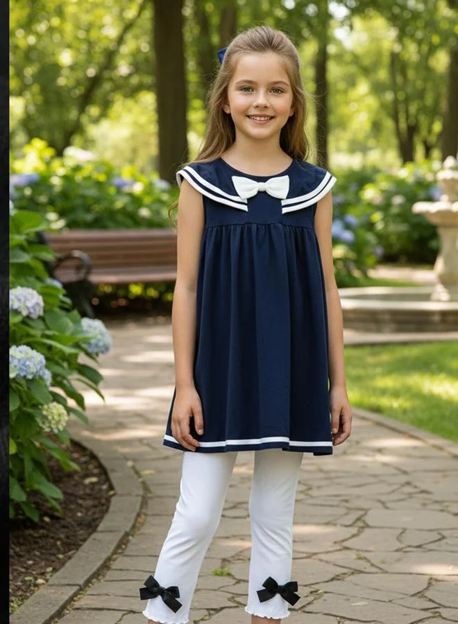 Take Two Girls Striped Collar Longline Top and Bow Detail Legging Set