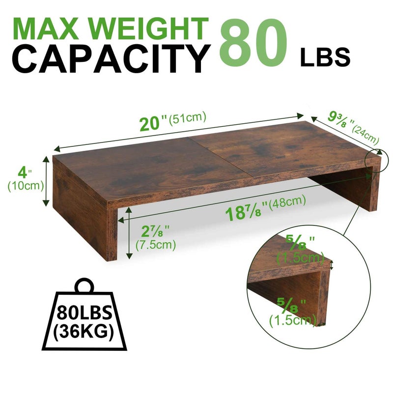 TEAMIX 2 Pack Monitor Stand Riser-20 inch, Wooden Tabletop Shelf for TV/PC/Laptop/Printer, Rustic Brown Monitor Riser with Storage, Computer Stand Ergonomic Design - Image 4