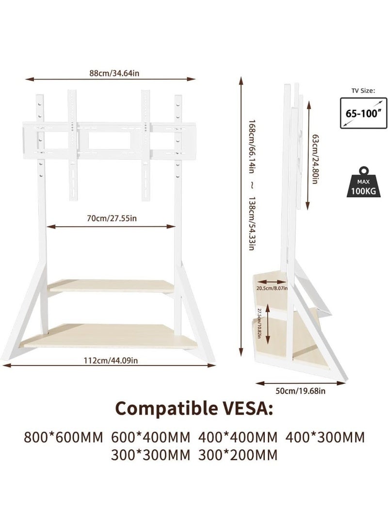 Rubik Large Floor TV Trolley Stand with Wheels & Shelves for 65-100 Inch TVs and Displays, Holds 100KG Weight (White) - Image 3