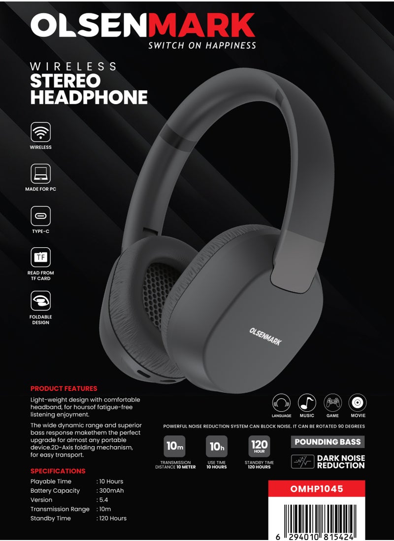 Olsenmark - Olsenmark Wireless Stereo Headphone OMHP1045, 10 Hours Playback Time, 5.4 Version, 10 Meter Transmission Range Type-C Charging,  Foldable Design, Lightweight, Black - Image 1